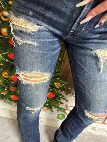 데미지 가공 다크 블루 스키니 데님