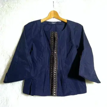 HIROKO BIS [9] 노카라 자켓 7부 소매 자수 턱 네이비