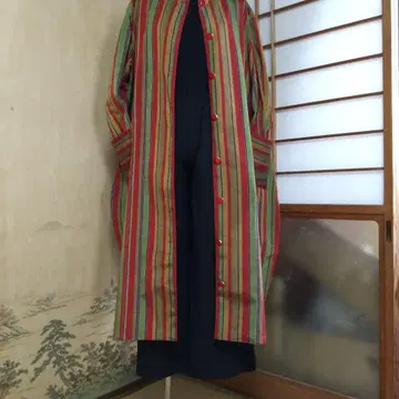 순수 실크 견직 스트라이프 패턴 롱 코트 원피스