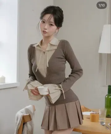 셔츠 도킹 플리츠 미니 원피스 모카 FL