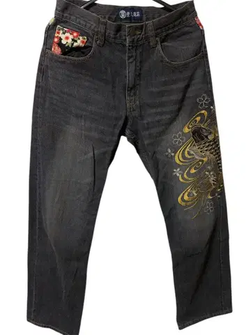 일본풍 패턴 잉어 패턴 블랙 데님 size S