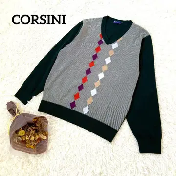 코르시니 울 100% V넥 니트 아가일 무늬 일본제 가을/겨울 남성용