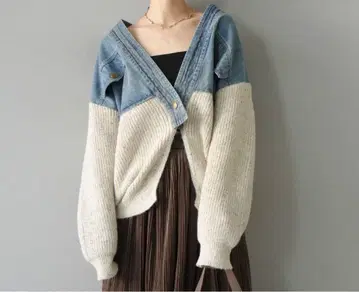 데님 절개 네프 니트 가디건 아이보리 Lumier