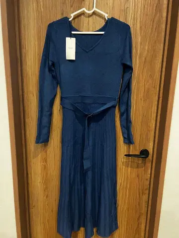 MOUSSY 네이비 V넥 긴팔 롱 원피스