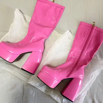 핑크 광택 롱 부츠 와이드 힐