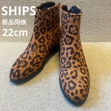 새상품급 22cm SHIPS 레오파드 송치 가죽 백 지퍼 미들 부츠