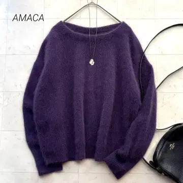아마카 캐시미어 혼방 복슬복슬 니트 보라색 퍼플 38 사이즈 너구리 라쿤
