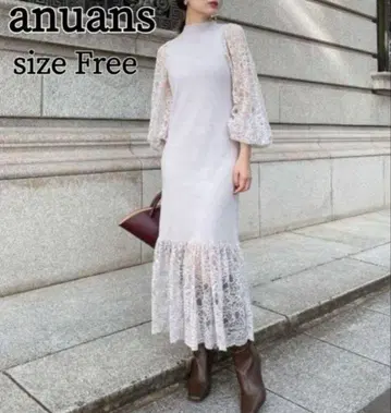 anuans 스캘럽 레이스 도킹 니트 원피스 롱 프리