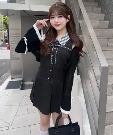 슬리브리스 미니 원피스 블랙 체크 옷깃