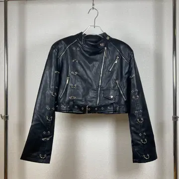 XINLIN 라이더 자켓 인조 가죽 숏 기장 블랙 링