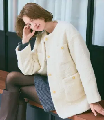 [ L 사이즈 ] coca 푸들 금장 버튼 노카라 코트 여성용 아이보리