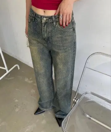 오로라 큐빅 장식 빈티지 루즈 데님 팬츠