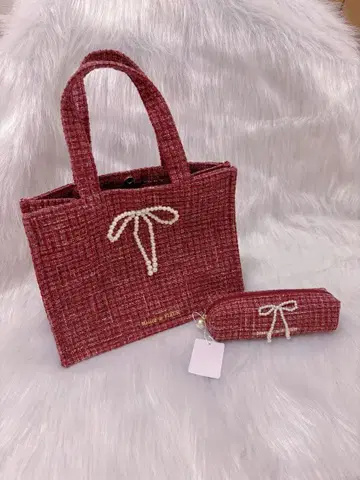 메종 드 플뢰르 핑크 트위드 펄 리본 스퀘어 토트백 & 파우치