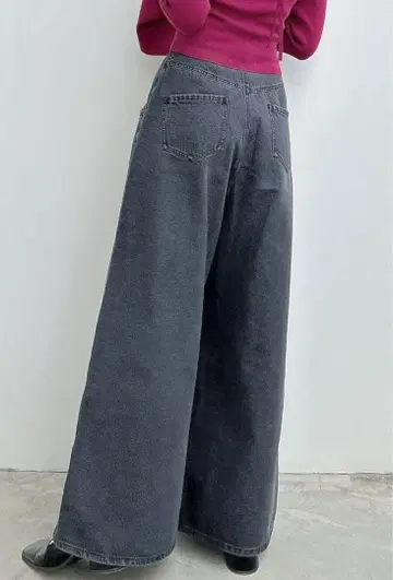 더블 하이웨스트 와이드 데님 팬츠 블랙 M