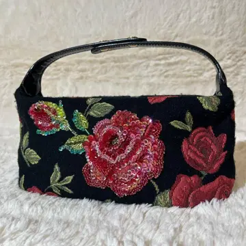 씽크 비! 장미 장미 자수 핸드백 검정 블랙