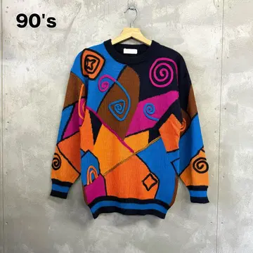 90's ROCEAN 3D 니트 스웨터 크레이지 패턴 쇼와 레트로