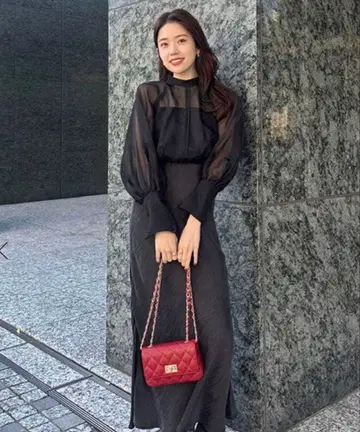 anuans 시어 도킹 새틴 드레스 블랙