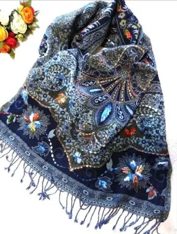 스톨 네이비 자수 페이즐리 꽃무늬 프린지 대형 숄 머플러