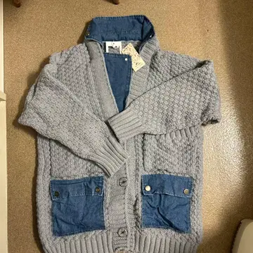 그레이 니트 가디건 데님 포켓 부착