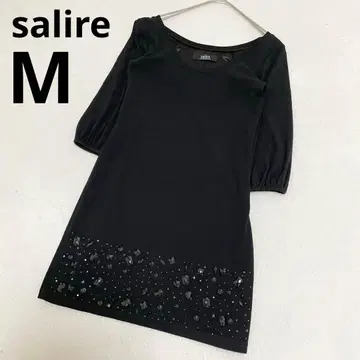 salire 사리아 비즈 넥라인 넓은 미니 원피스 7부 소매 블랙 M