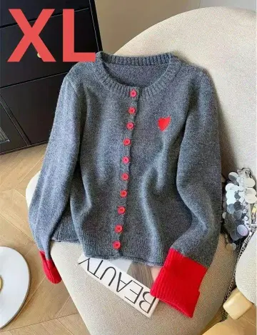 귀여운 U 그레이/빨간색 하트 자수 가디건 XL 멋쟁이