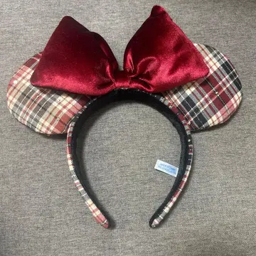 디즈니 머리띠 체크 무늬 빨간색 리본 신상