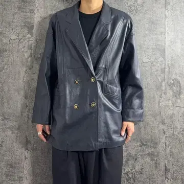 00s unknown 가죽 테일러드 자켓 네이비 더블 천연 가죽 양가죽