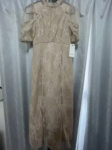 SNIDEL 베이지 레이스 오프숄더 롱 드레스