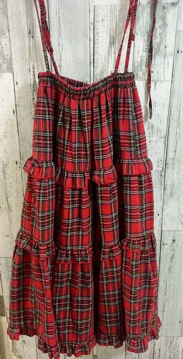 빨간색 체크 무늬 티어드 롱 스커트 M