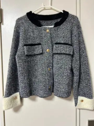 헤링본 퍼 터치 니트 가디건 아우터 상의