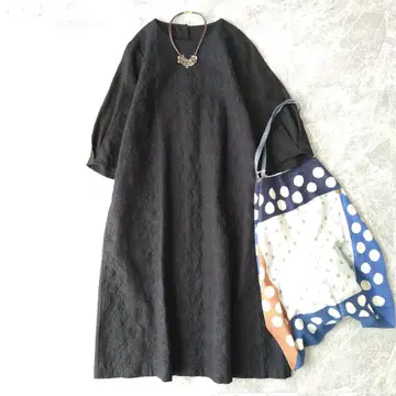 487 군겐도 네네 린넨 도트 꽃무늬 플라워 자수 원피스 블랙