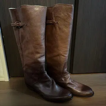 천연 가죽 브라운 레더 롱 부츠 웨빙 벨트 포함