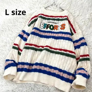 자수 로고 멀티 보더 니트 스웨터 풀오버 L 사이즈 화이트