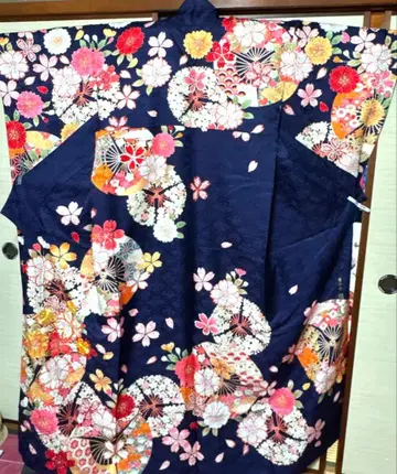 진한 남색 겹벚꽃 부채 후리소데 기장 165