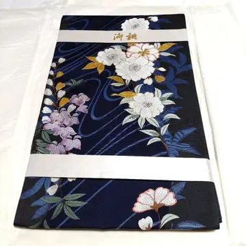 후쿠로 오비 육통 무늬 네이비 블랙 꽃무늬 금채 순수 실크