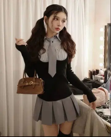 다리치 셔츠 도킹 니트 미니 원피스 FL