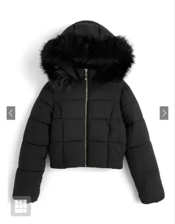 블랙 퍼 후드 크롭 다운 자켓