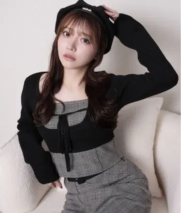 상하의 세트 코르셋 체크 상의 체크 스커트 LIP SERVICE