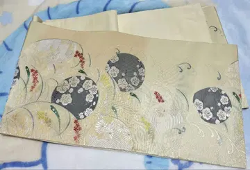 꽃무늬 자수 후쿠로 오비 크림색 그레이