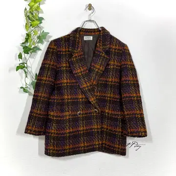 LEPORTE 트위드 더블 브레스트 체크 무늬 자켓 울 레트로
