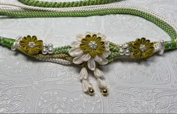 b-025 순수 실크 허리띠 후리소데 성인식 펄 츠마미자이쿠 화이트 말차