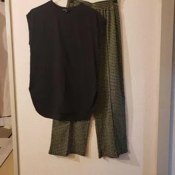 그린 체크 무늬 팬츠 셋업