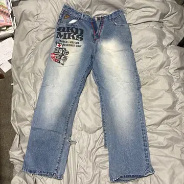 00s 초와이드 아카데믹스 와이드 데님 배기 팬츠 자수 와