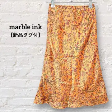 [택 포함 새상품] 마블 잉크 실크 100% 꽃무늬 미디 스커트 허리밴딩