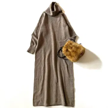 와란스 캐시미어 혼방 니트 원피스 브라운 오프 터틀 맥시 길이