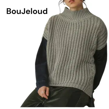 BouJeloud 모크넥 편직 데님 콤비 니트 풀오버