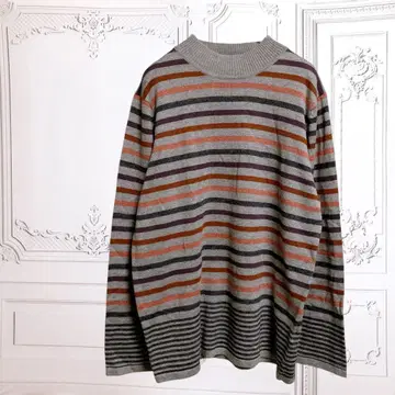 니트 스웨터 [ L ] 그레이 오렌지 보더 얇은 소재 둥근넥 가을/겨울