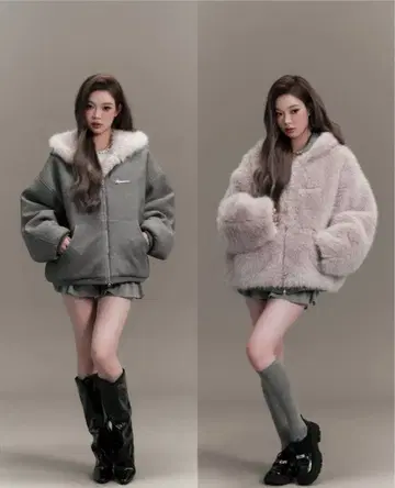 andwang Kirakira 2way fur zip up gray