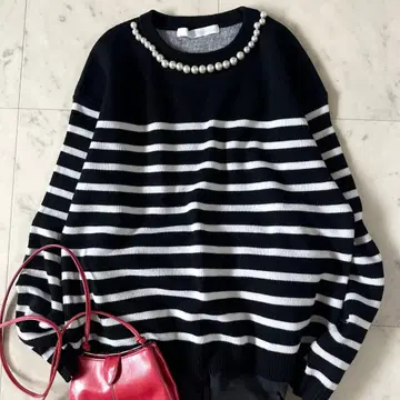 컨디션 최상 스픽 앤 스팬 펄 보더 니트 하이 게이지 크루넥