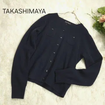 타카시마야 L 캐시미어 100% 니트 가디건 둥근넥 네이비